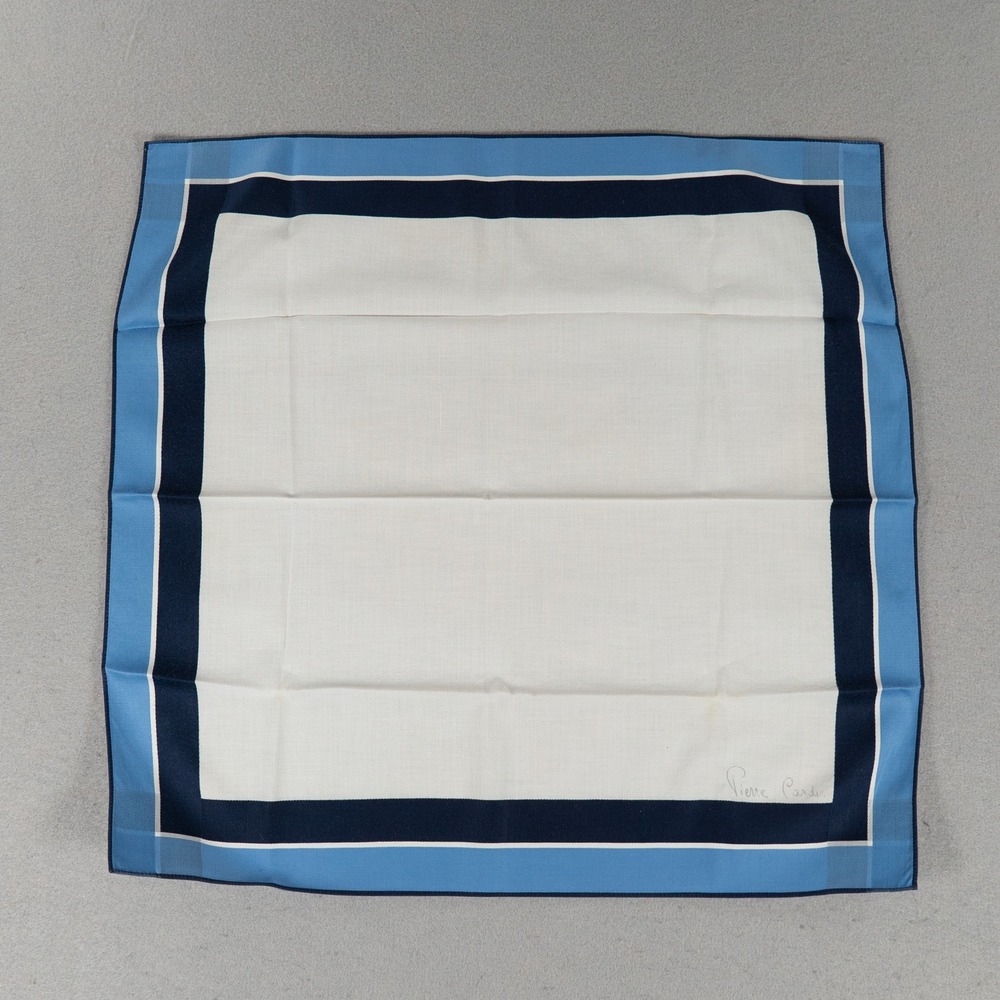 PierreCardin Vintage Pocket Square Scarf Blue Border White Signature Handkerchie